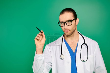 Schöner Arzt im weißen Laborkittel mit Stift vor grünem Hintergrund.