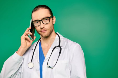 Handsome male doctor in white lab coat having a conversation on a cell phone.