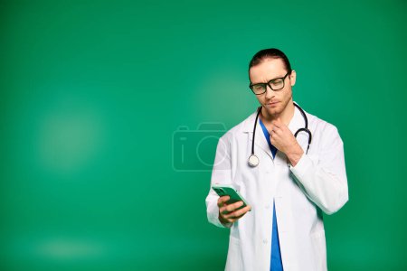 Guapo doctor masculino con una bata blanca sosteniendo el teléfono.