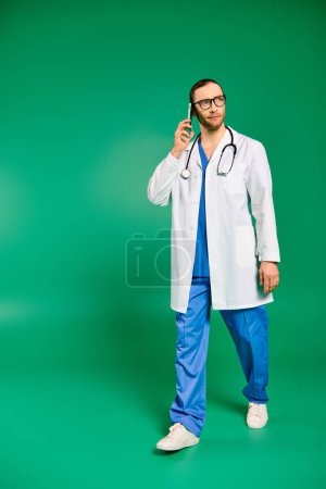 Un guapo doctor con una bata blanca y pantalones azules posando sobre un fondo verde.