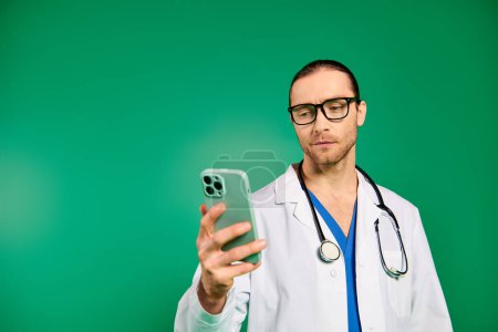 Guapo doctor en bata blanca, sosteniendo teléfono celular, con estetoscopio.