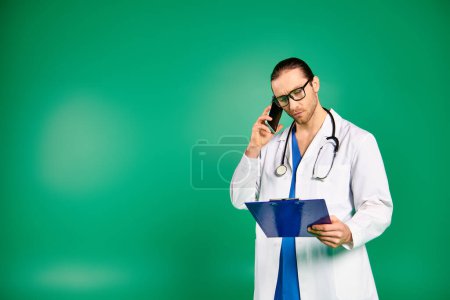 Doctor in white robe talking on phone, holding clipboard against green backdrop.