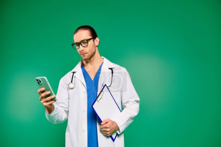 Handsome doctor in white robe holds cell phone on green backdrop.