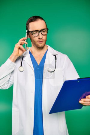 Ein gutaussehender Arzt hält Klemmbrett und Stift bereit, um medizinische Notizen zu notieren.