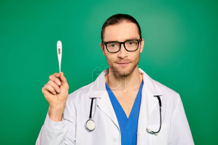 Männlicher Arzt im weißen Gewand hält Thermometer in der rechten Hand.