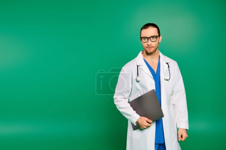 Téléchargez les photos : A handsome male doctor in a white coat holds a folder. - en image libre de droit