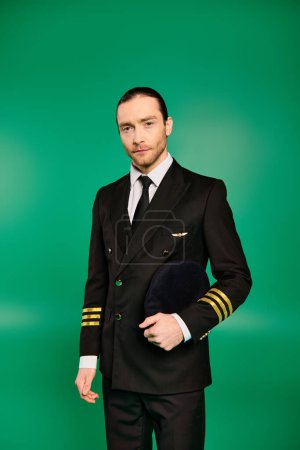 Ein stilvoller männlicher Pilot in schwarzer Uniform posiert vor leuchtend grünem Hintergrund.