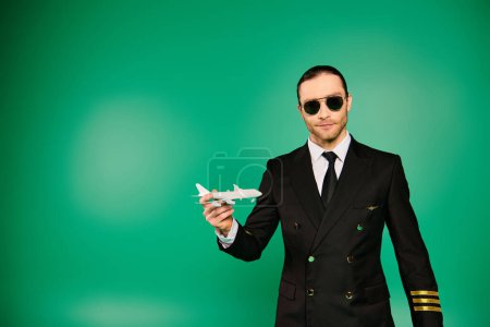 Handsome man in black suit and sunglasses holding model airplane over green backdrop.