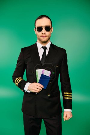 Handsome pilot in a suit and sunglasses, holding a passport and ticket.