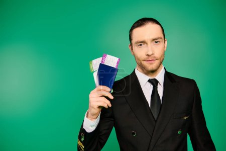 Photo for Handsome male pilot in black uniform holding a passport and tickets. - Royalty Free Image