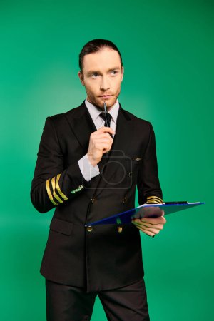 Un hombre con traje y corbata sostiene un portapapeles contra un fondo de verde.