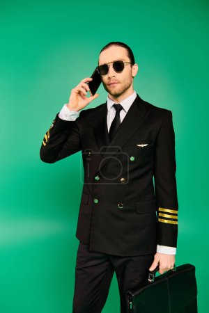 Photo for Stylish man in suit, holding briefcase, talking on cell phone. - Royalty Free Image