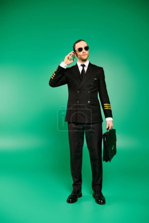 Handsome pilot in black suit and sunglasses having a phone conversation.