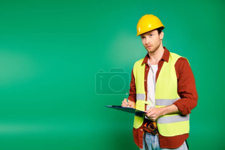 Hombre guapo en sombrero duro sujetando portapapeles mientras inspecciona el sitio de construcción.