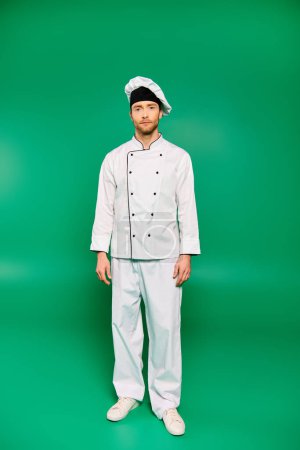 Chef masculino guapo en uniforme blanco de pie con confianza sobre un fondo verde vibrante.