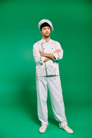 Handsome chef in white uniform with arms crossed in front of green background.