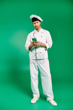 A dapper chef communicating on smartphone.