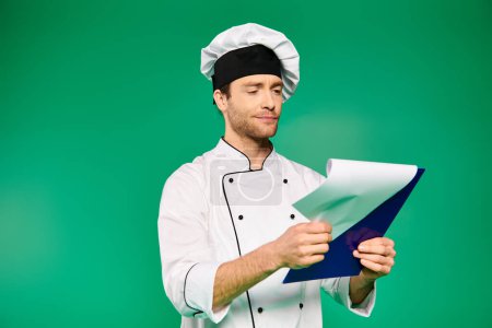 Guapo chef masculino en uniforme blanco sosteniendo un pedazo de papel sobre un fondo verde.