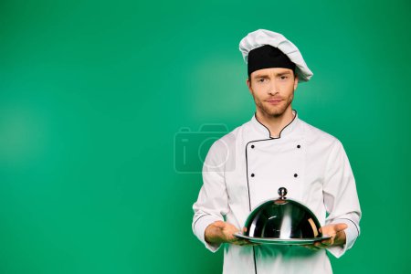 Ein gutaussehender männlicher Koch in weißer Uniform hält stolz einen Teller vor grünem Hintergrund.