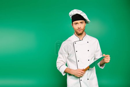 Handsome chef in white uniform holding knife on green backdrop.