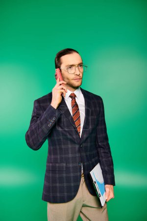 Photo for Businessman in chic suit talking on cell phone against green backdrop. - Royalty Free Image