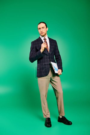 Schöner Geschäftsmann im schicken Anzug posiert selbstbewusst vor leuchtend grünem Hintergrund.
