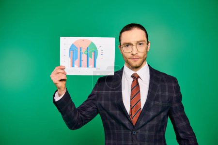 Handsome businessman in chic suit holding up a piece of paper on green background.