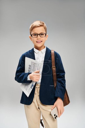 A young boy in glasses and a blue blazer exuding elegance on a gray backdrop.