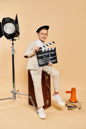 Preadolescent boy in film director outfit sits on suitcase with movie clapper.