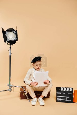 Téléchargez les photos : Un garçon s'assoit devant une caméra. - en image libre de droit