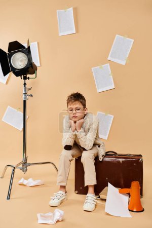 Photo for Preadolescent boy in director outfit sits on suitcase in front of camera. - Royalty Free Image