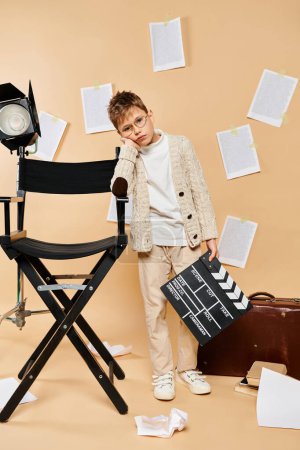 Young boy stands next to chair, dressed as film director.
