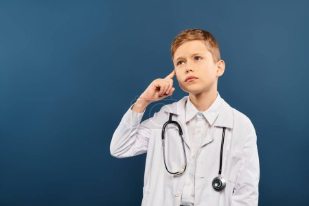 Niño en traje de médico con estetoscopio sobre fondo azul.