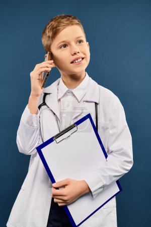 Preadolescent boy in doctors coat with clipboard, speaking on phone.