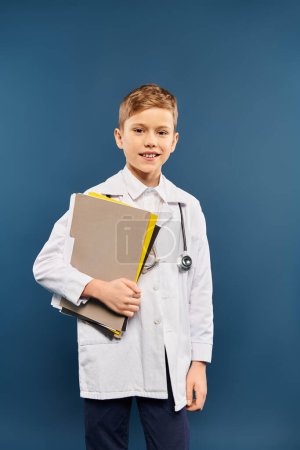 A preadolescent boy in a lab coat holds a binder, embodying the role of a scientist.