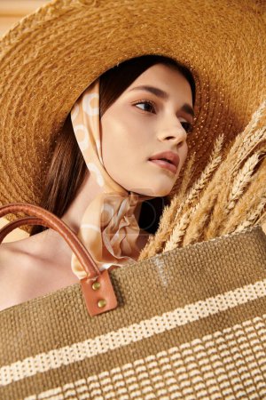 A young woman with long brunette hair stands gracefully in a summer outfit, wearing a straw hat and carrying a brown bag.