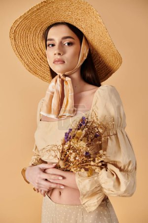 A young woman with long brunette hair exudes a summer vibe as she holds a bouquet of flowers wearing a straw hat.