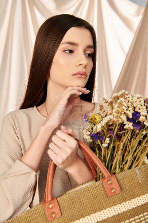 Téléchargez les photos : Une jeune femme aux longs cheveux bruns tenant un sac rempli de fleurs vibrantes, incarnant l'essence de l'été. - en image libre de droit
