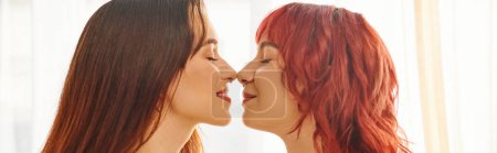 Tender moment of lesbian couple posing nose to nose and feeling joy and happiness, banner