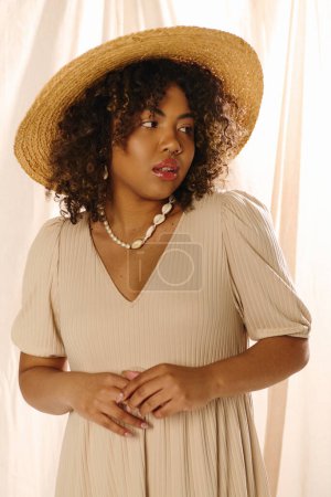 Téléchargez les photos : A beautiful young African American woman with curly hair poses in a straw hat and summer dress in a studio setting. - en image libre de droit