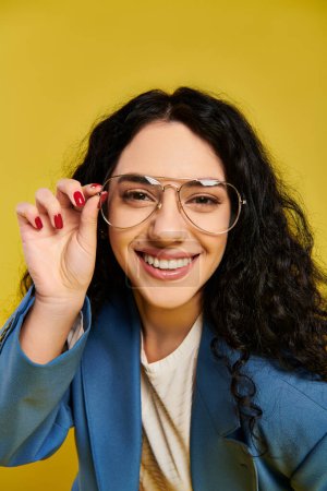 Foto de Young brunette woman with curly hair poses confidently for a portrait in a studio, wearing stylish glasses against a yellow background. - Imagen libre de derechos