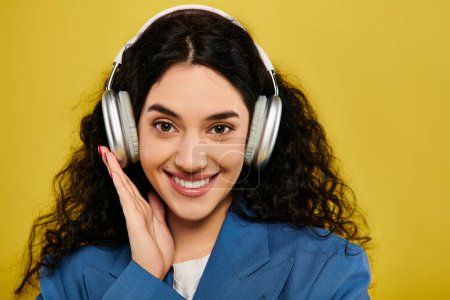 Foto de Una joven morena, con el pelo rizado y un atuendo elegante, sonríe mientras usa auriculares en un estudio con un fondo amarillo. - Imagen libre de derechos