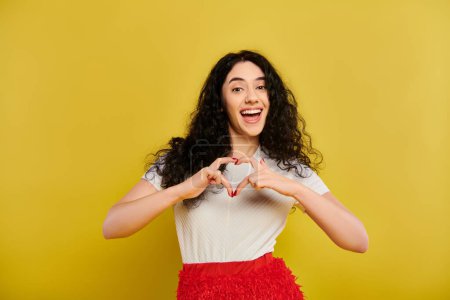 Curly-haired brunette in stylish attire intricately molds a heart shape with her hands against a vivid yellow backdrop.