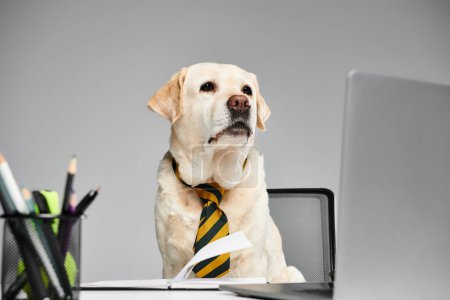 Ein gut gekleideter Hund mit Krawatte sitzt in einem Homeoffice-Setup aufmerksam vor einem Laptop.