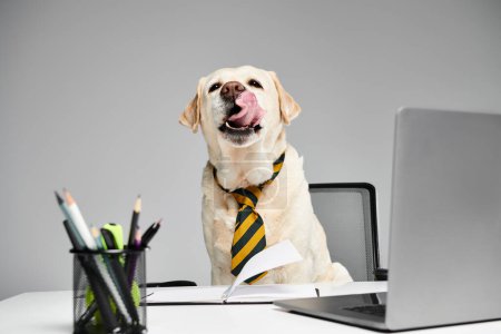 Ein Hund mit Krawatte sitzt vor einem Laptop, bereit, die digitale Welt mit Stil und Raffinesse anzunehmen.