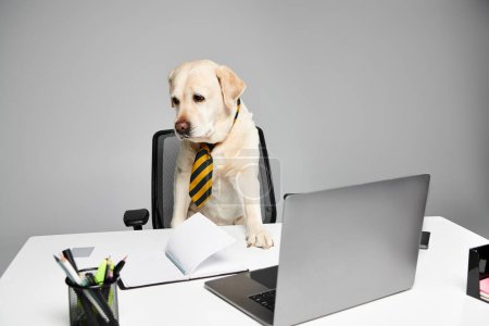 A sophisticated dog wearing a tie sits attentively at a desk in a studio setting, embodying the concept of a furry friend in a domestic setting.