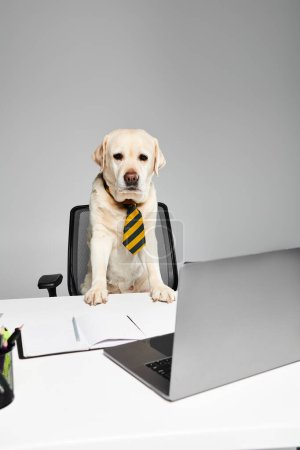 A sophisticated dog wearing a tie sits at a desk, appearing to be in deep thought or focus on a task at hand.