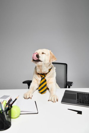 A sophisticated dog wearing a tie sitting attentively at a desk, bringing charm and professionalism to the office.