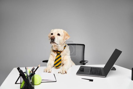Ein gut gekleideter Hund mit Krawatte sitzt professionell am Schreibtisch.