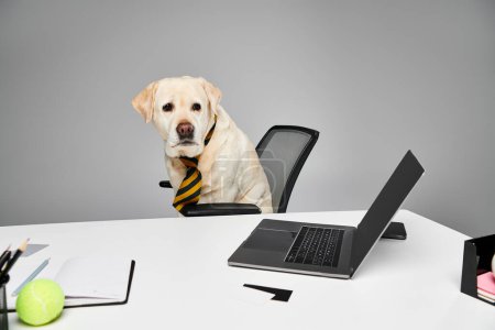A dog wearing a tie sits in front of a laptop, appearing engaged and professional in a studio setting.